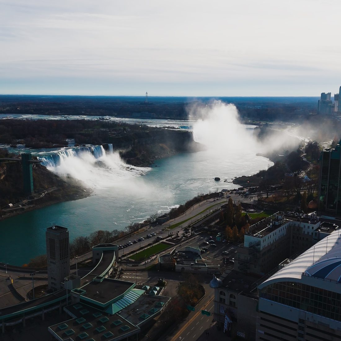 Aerial view of Niagara Falls and the downtown core near the Parkline Apartments site