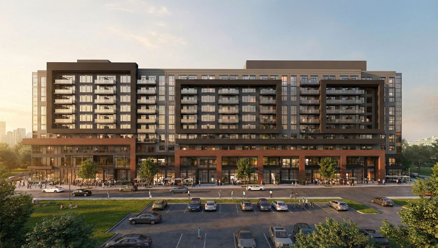 Architectural rendering of the Parkline Apartments street-level entrance at 4500 Park Street, with brick detailing and double-height glazing