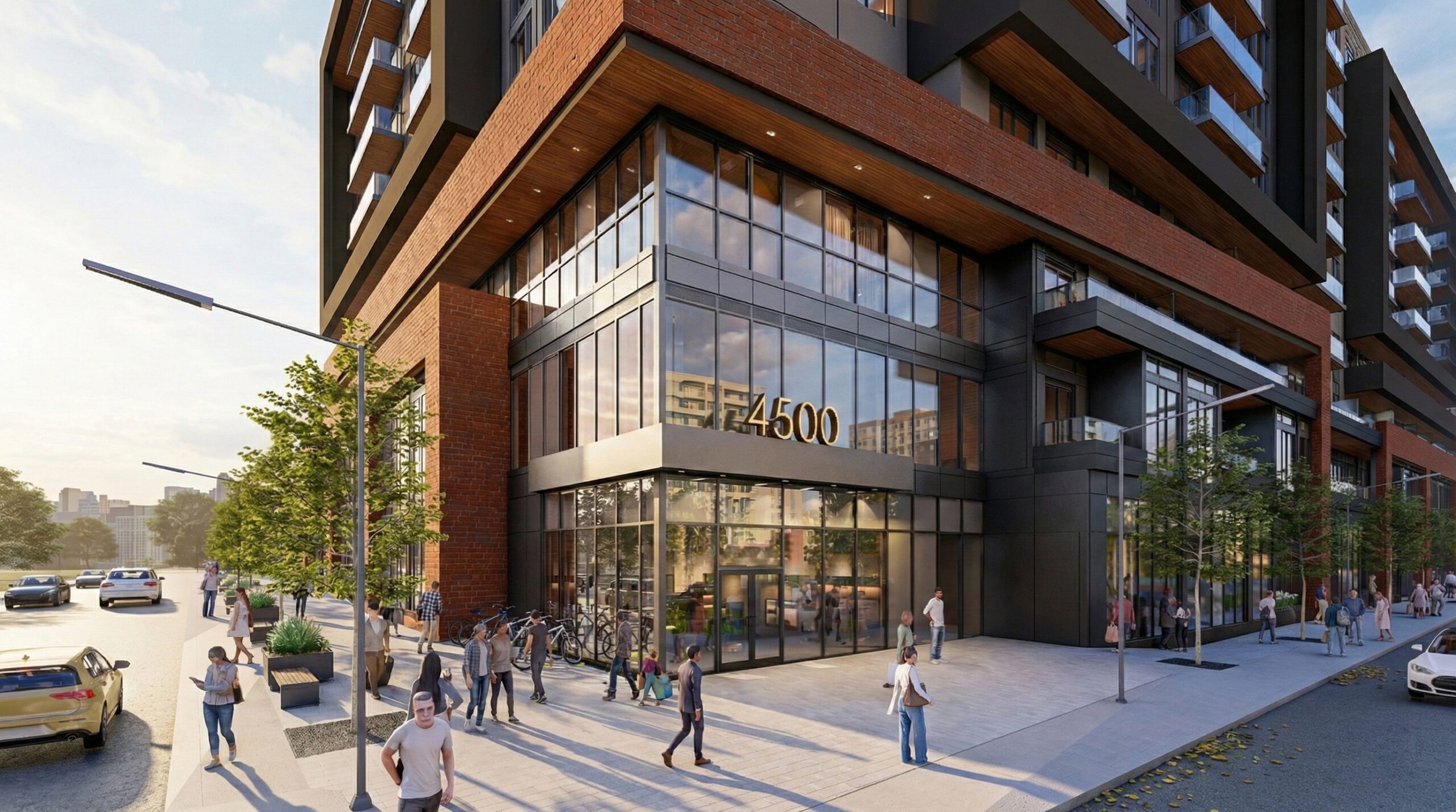 Architectural rendering of Parkline Apartments seen from across the street at dusk, showing the full 10-storey elevation and brick podium